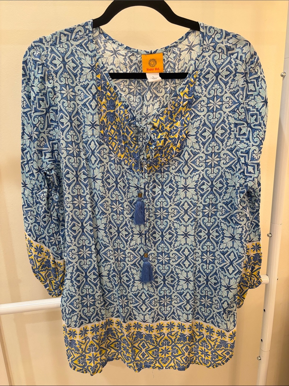 Ruby Rd. Blue and Yellow Printed V-Neck Tunic
